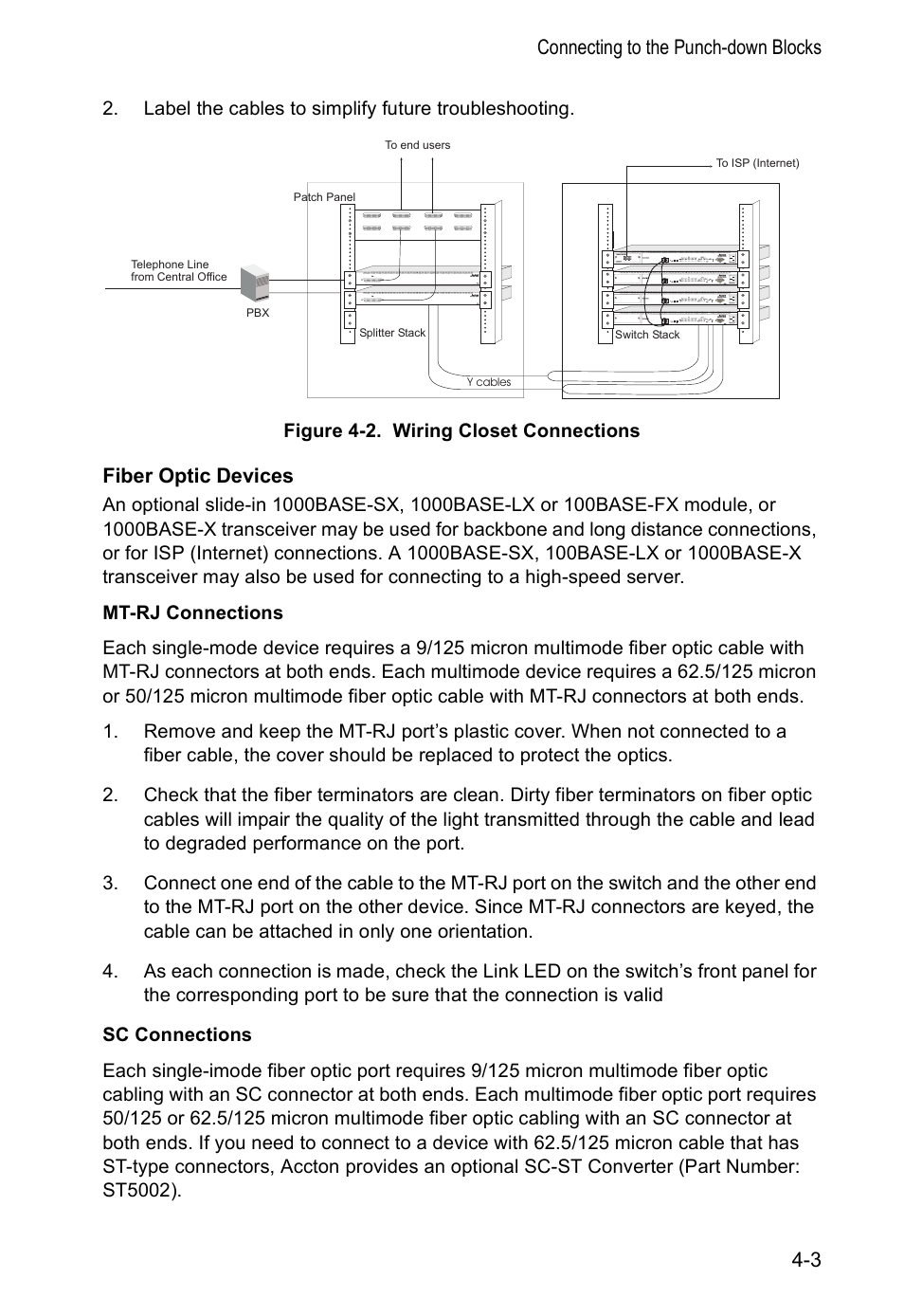 Fiber optic devices, Connecting to the punch-down blocks 4-3, Fiber optic | Devices | Accton Technology VM2548 User Manual | Page 41 / 72