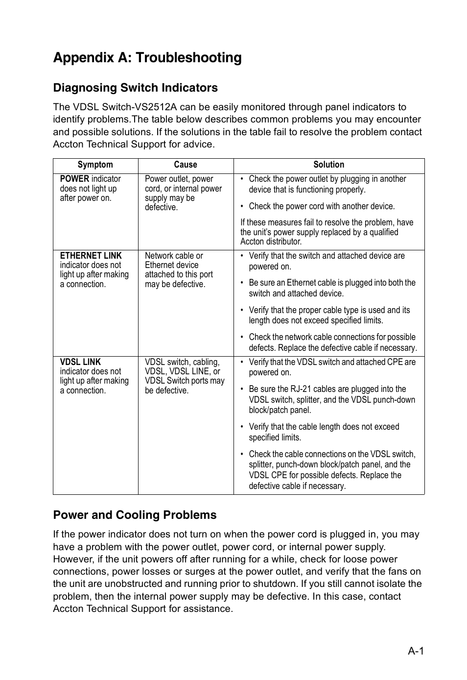 Appendix a: troubleshooting, Diagnosing switch indicators, Power and cooling problems | Accton Technology VM2548 User Manual | Page 43 / 72