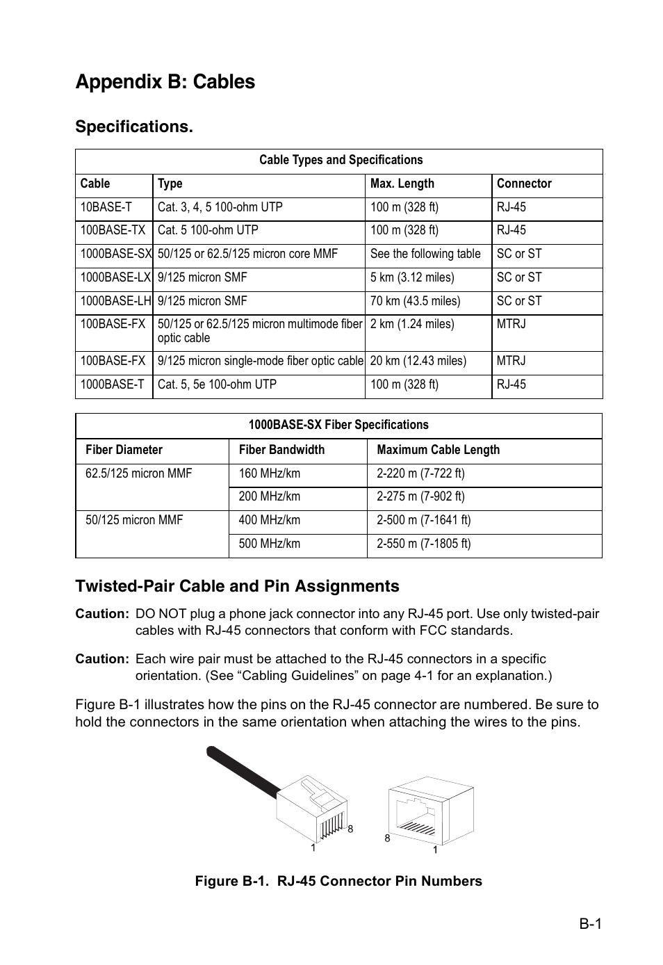 Appendix b: cables, Specifications, Twisted-pair cable and pin assignments | Accton Technology VM2548 User Manual | Page 45 / 72