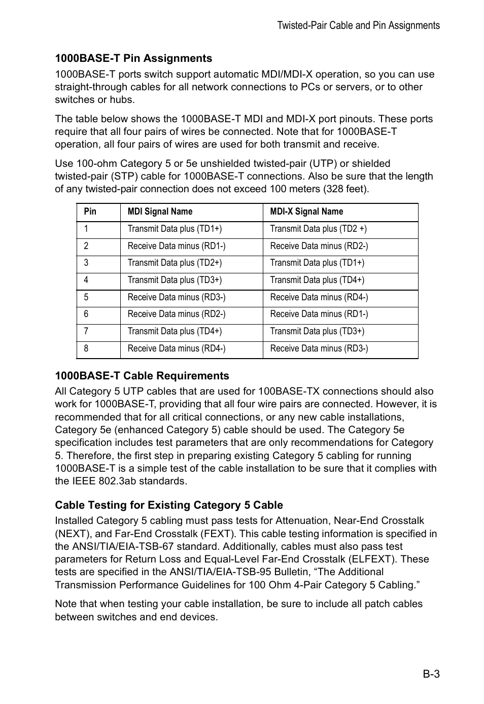 1000base-t pin assignments, 1000base-t cable requirements, Cable testing for existing category 5 cable | Accton Technology VM2548 User Manual | Page 47 / 72