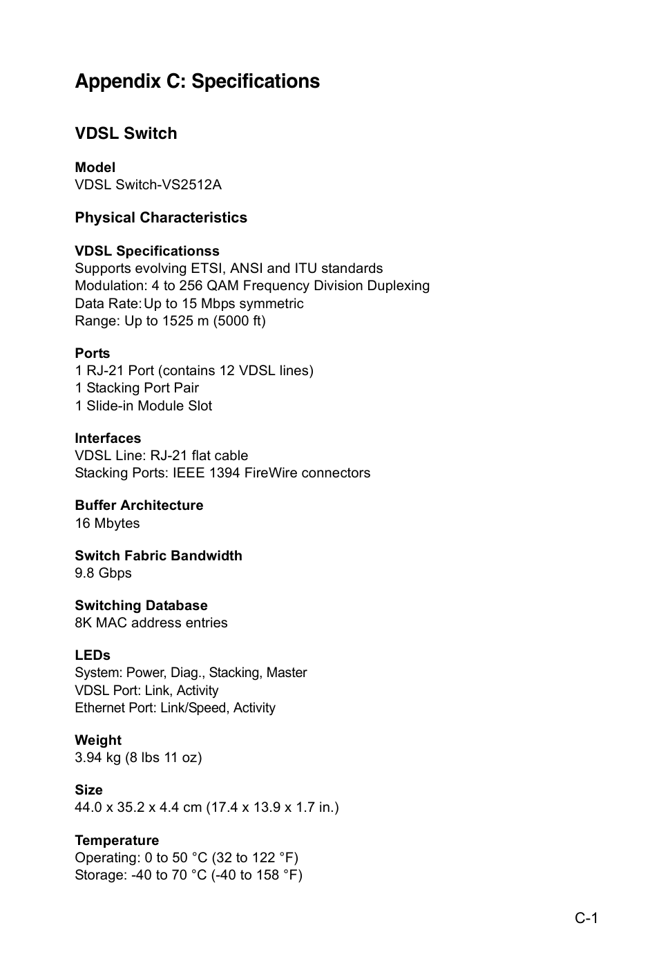 Appendix c: specifications, Vdsl switch, Physical characteristics | Accton Technology VM2548 User Manual | Page 51 / 72