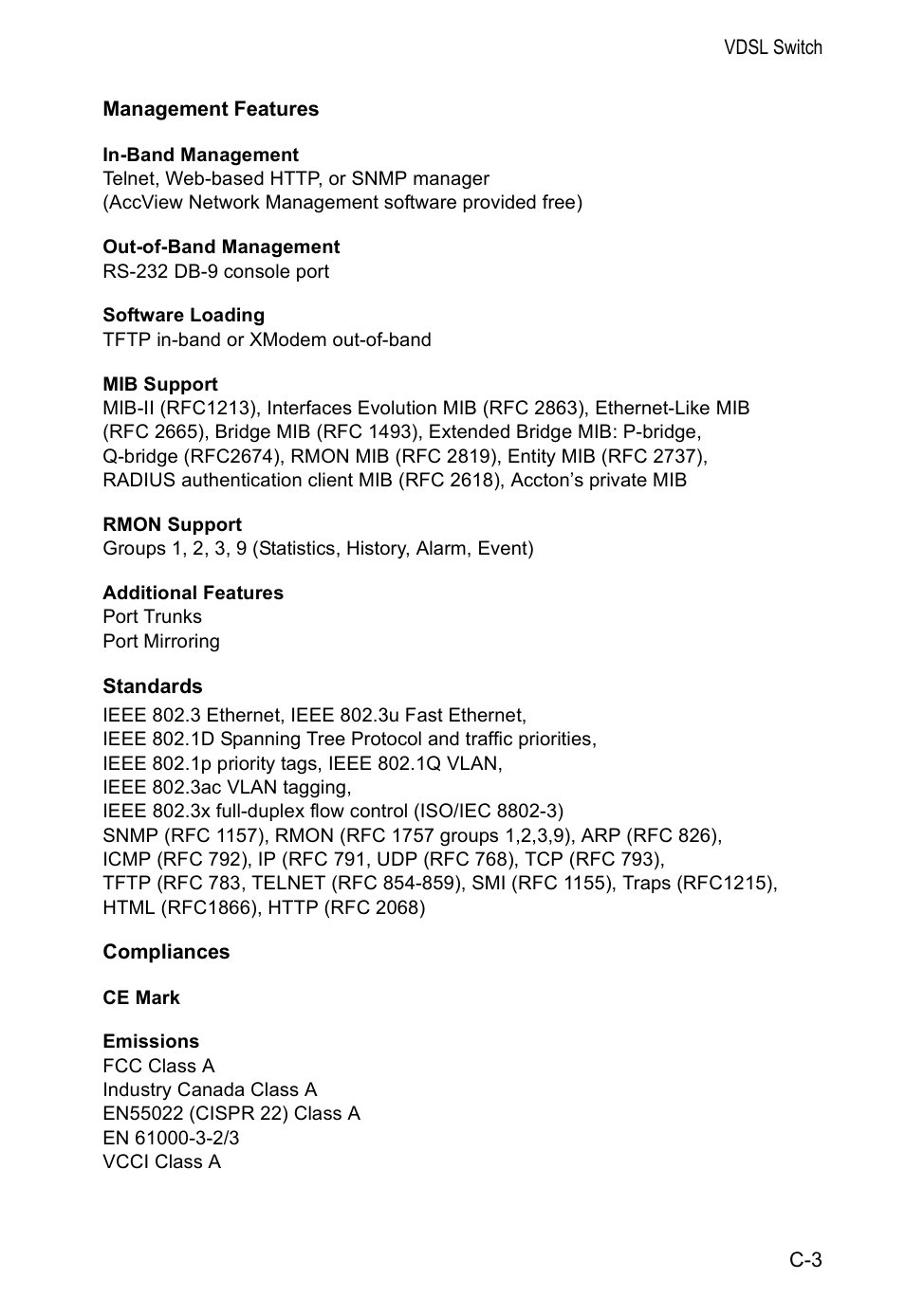 Management features, Standards, Compliances | Standards c-3 compliances c-3 | Accton Technology VM2548 User Manual | Page 53 / 72