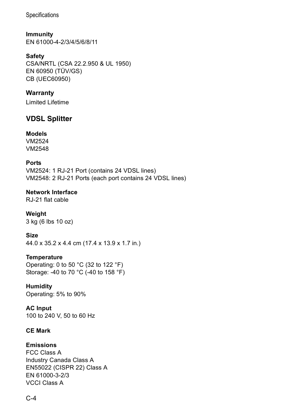 Warranty, Vdsl splitter, Warranty c-4 | Accton Technology VM2548 User Manual | Page 54 / 72