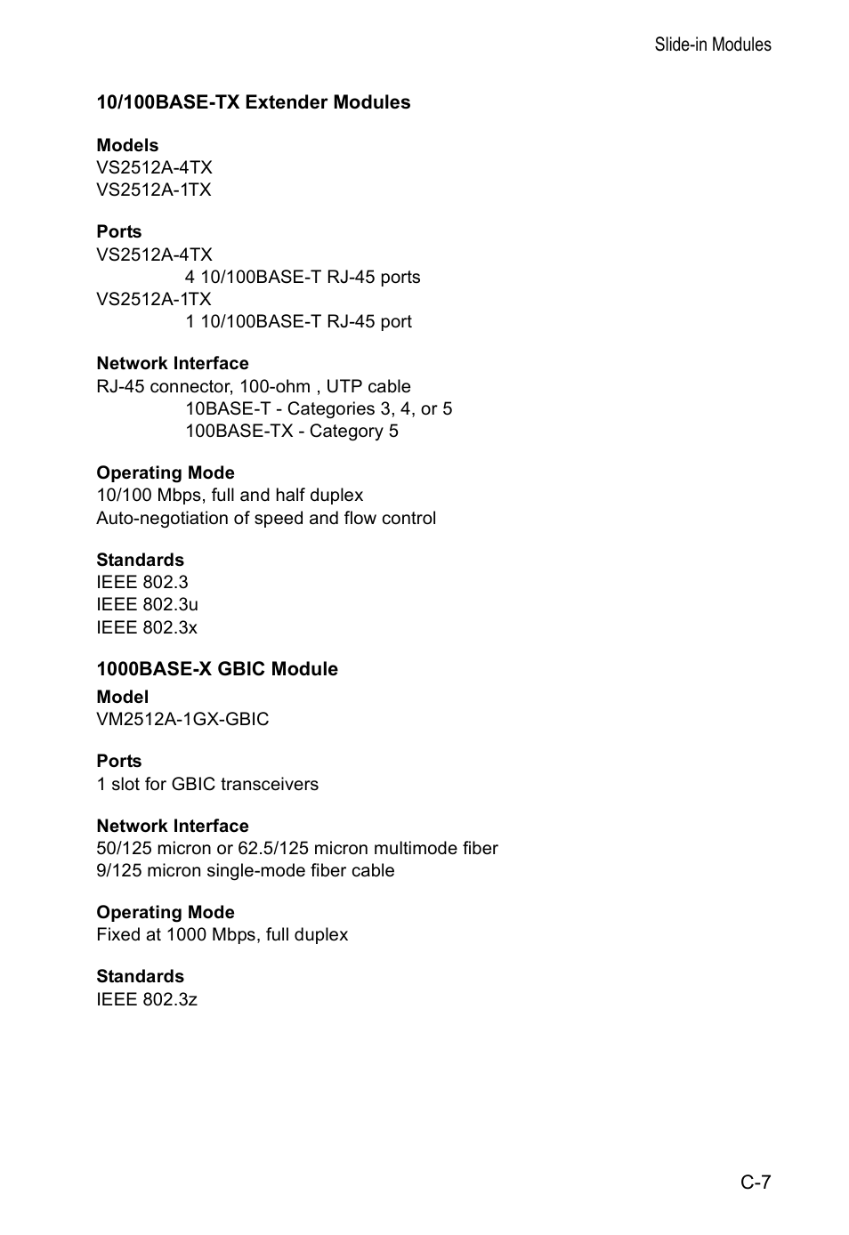 10/100base-tx extender modules, 1000base-x gbic module | Accton Technology VM2548 User Manual | Page 57 / 72