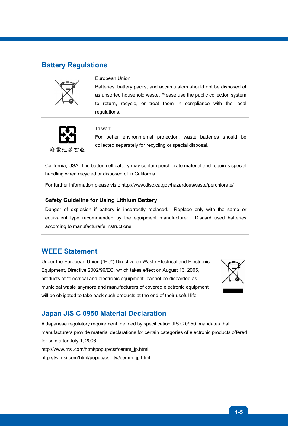 Battery regulations, Weee statement, Japan jis c 0950 material declaration | MSI GT70 WORKSTATION User Manual | Page 5 / 52