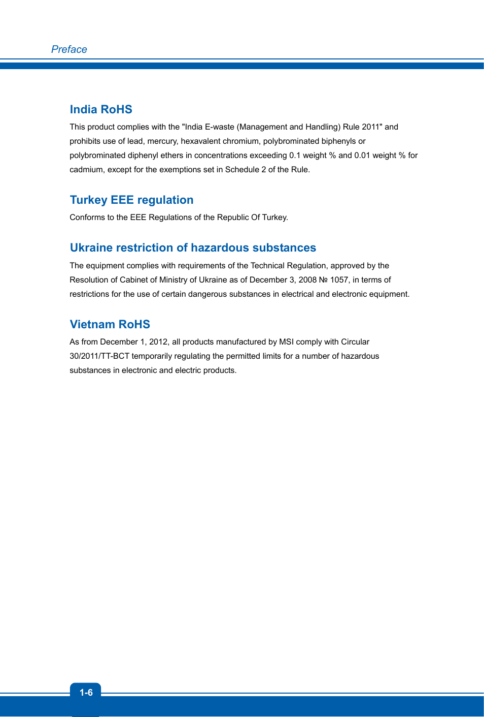 India rohs, Turkey eee regulation, Ukraine restriction of hazardous substances | Vietnam rohs | MSI GT70 WORKSTATION User Manual | Page 6 / 52