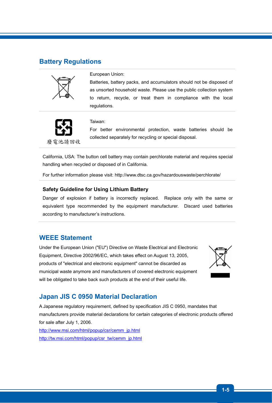 Battery regulations, Weee statement, Japan jis c 0950 material declaration | MSI GT60 WORKSTATION User Manual | Page 5 / 50