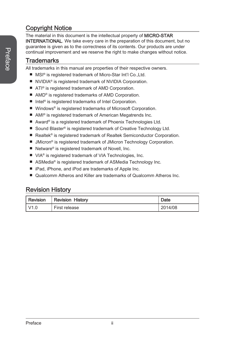 Preface, Copyright notice, Trademarks | Revision history | MSI X99S XPOWER AC Manual User Manual | Page 2 / 116