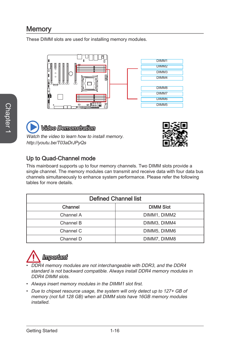 Memory -16, Chapter 1, Video demonstration | Up to quad-channel mode, Defined channel list, Important | MSI X99S XPOWER AC Manual User Manual | Page 30 / 116