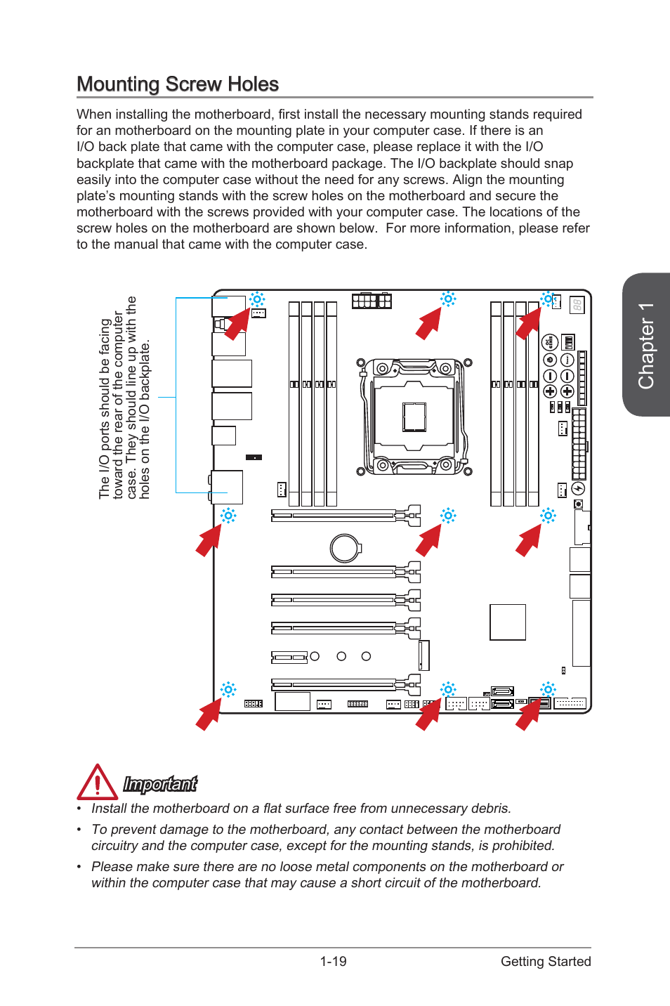 Mounting screw holes -19, Chapter 1, Mounting screw holes | Important | MSI X99S XPOWER AC Manual User Manual | Page 33 / 116