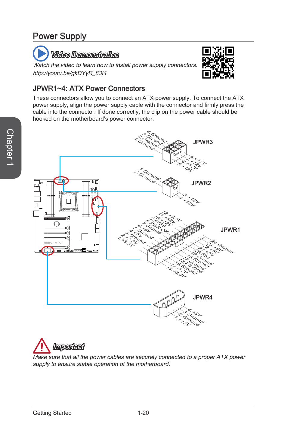 Jpwr1~4: atx power connectors, Power supply -20, Jpwr1~4: atx power connectors -20 | Jpwr1~4, Atx power connectors, Chapter 1, Power supply, Video demonstration, Important | MSI X99S XPOWER AC Manual User Manual | Page 34 / 116