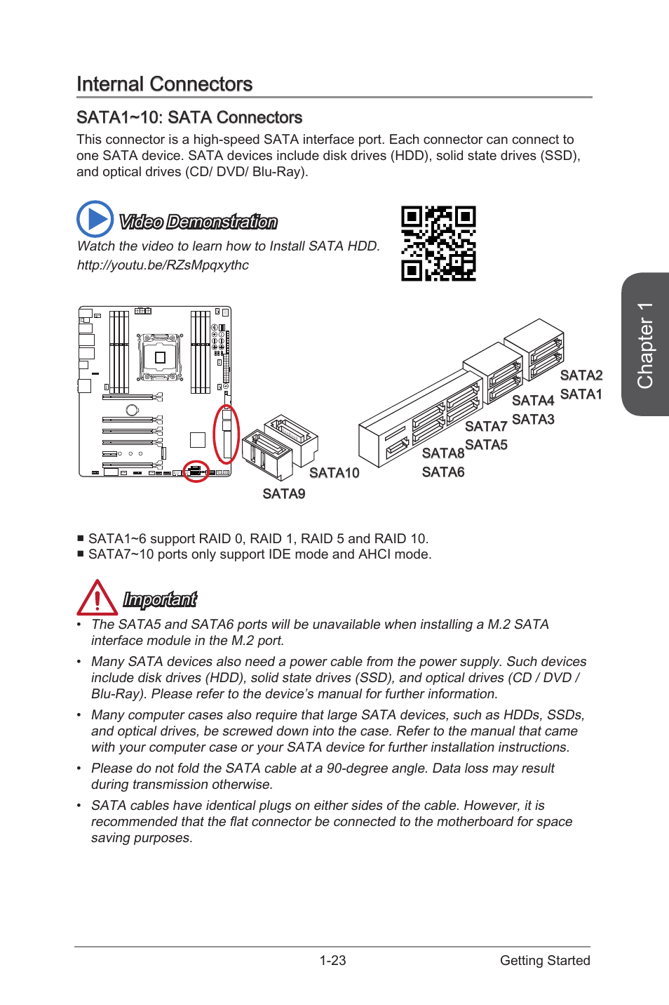 Sata1~10: sata connectors, Internal connectors -23, Sata1~10: sata connectors -23 | Sata1~10, Sata connectors, Chapter 1, Internal connectors, Video demonstration, Important | MSI X99S XPOWER AC Manual User Manual | Page 37 / 116