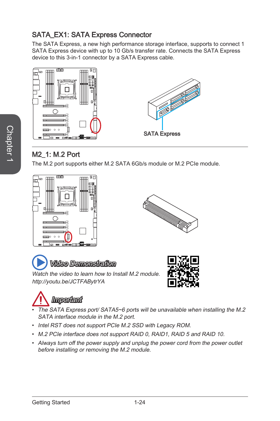 M2_1: m.2 port, Sata_ex1: sata express connector, M2_1 | M.2 port, Sata_ex1, Sata express connector, Chapter 1, Video demonstration, Important | MSI X99S XPOWER AC Manual User Manual | Page 38 / 116