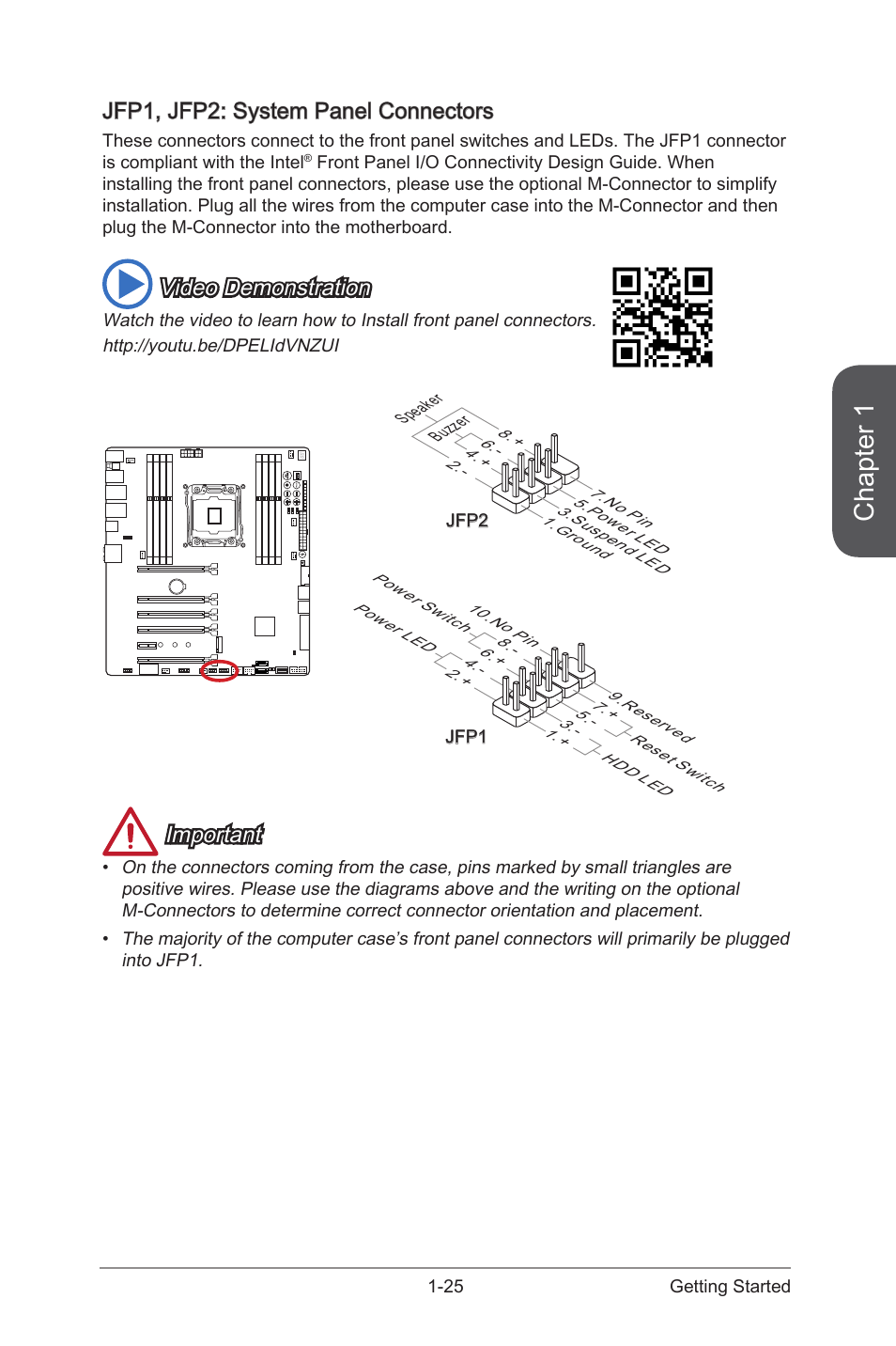 Jfp1, jfp2: system panel connectors, Jfp1, jfp2: system panel connectors -25, Jfp1, jfp2 | System panel connectors, Chapter 1, Video demonstration, Important | MSI X99S XPOWER AC Manual User Manual | Page 39 / 116