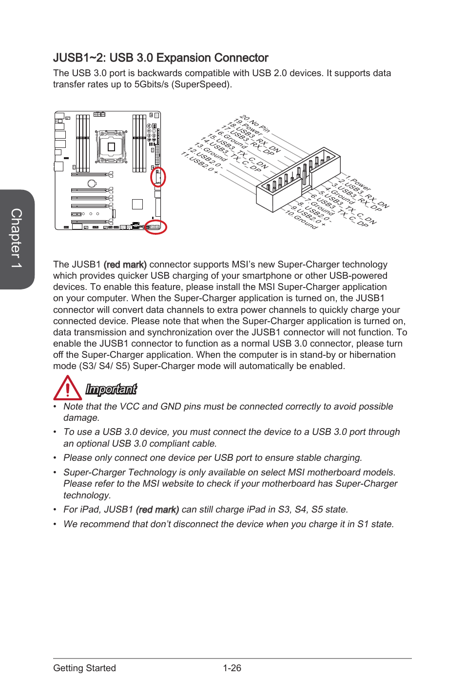 Jusb1~2: usb 3.0 expansion connector, Jusb1~2: usb 3.0 expansion connector -26, Jusb1~2 | Usb 3.0 expansion connector, Chapter 1, Important, 26 getting started | MSI X99S XPOWER AC Manual User Manual | Page 40 / 116