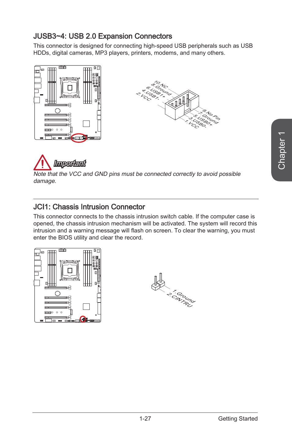 Jci1: chassis intrusion connector, Jusb3~4: usb 2.0 expansion connectors, Jci1 | Chassis intrusion connector, Jusb3~4, Usb 2.0 expansion connectors, Chapter 1, Important | MSI X99S XPOWER AC Manual User Manual | Page 41 / 116