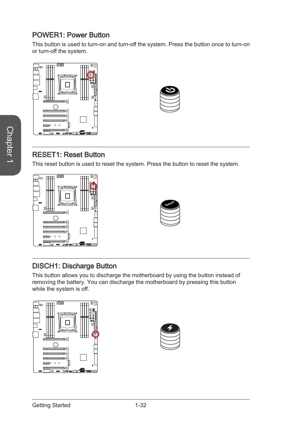 Disch1: discharge button, Power1: power button, Reset1: reset button | Disch1, Discharge button, Power1, Power button, Reset1, Reset button, Chapter 1 | MSI X99S XPOWER AC Manual User Manual | Page 46 / 116