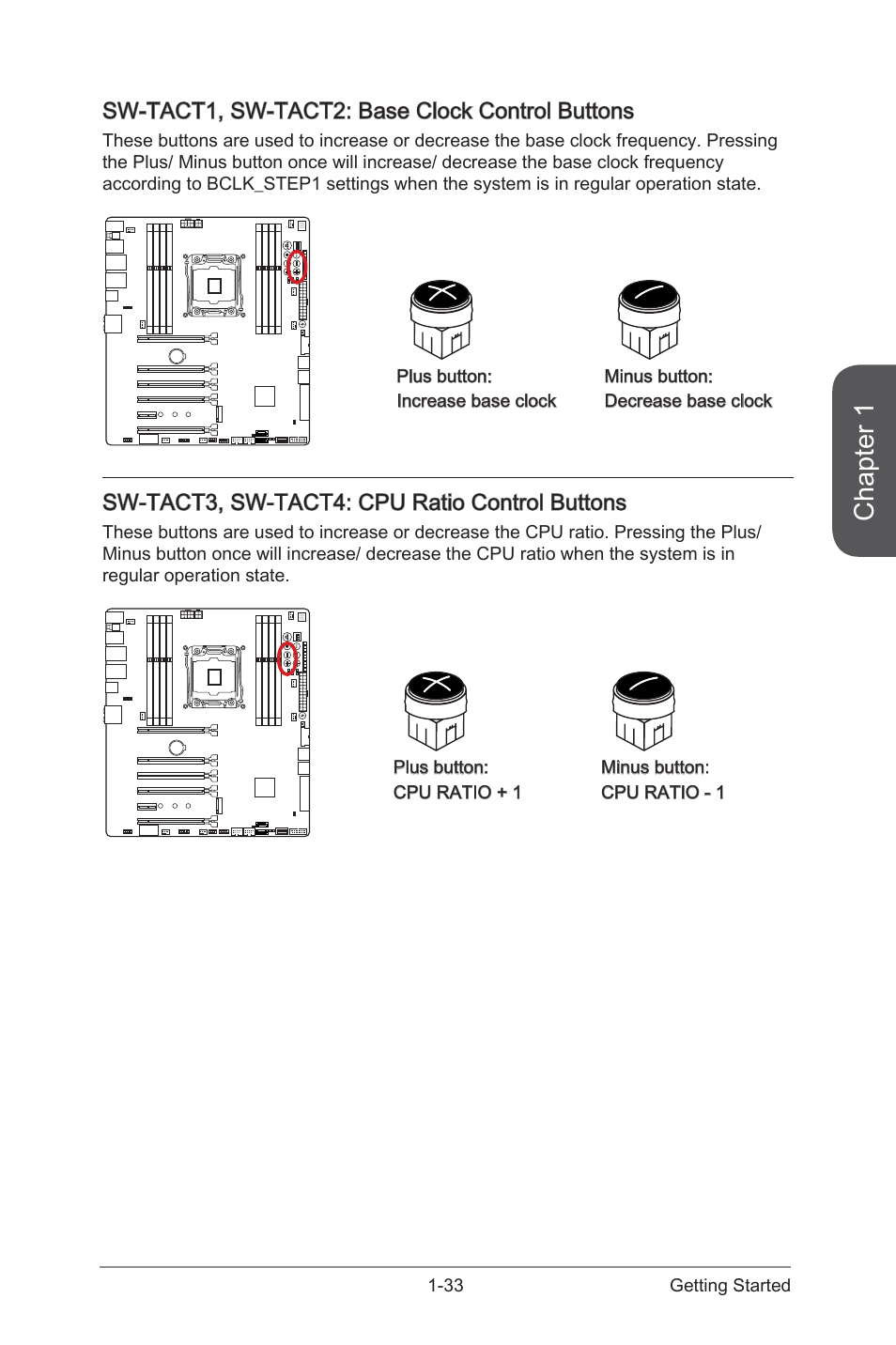 Sw-tact1, sw-tact2: base clock control buttons, Sw-tact3, sw-tact4: cpu ratio control buttons, Sw-tact1, sw-tact2 | Base clock control buttons, Sw-tact3, sw-tact4, Cpu ratio control buttons, Chapter 1 | MSI X99S XPOWER AC Manual User Manual | Page 47 / 116