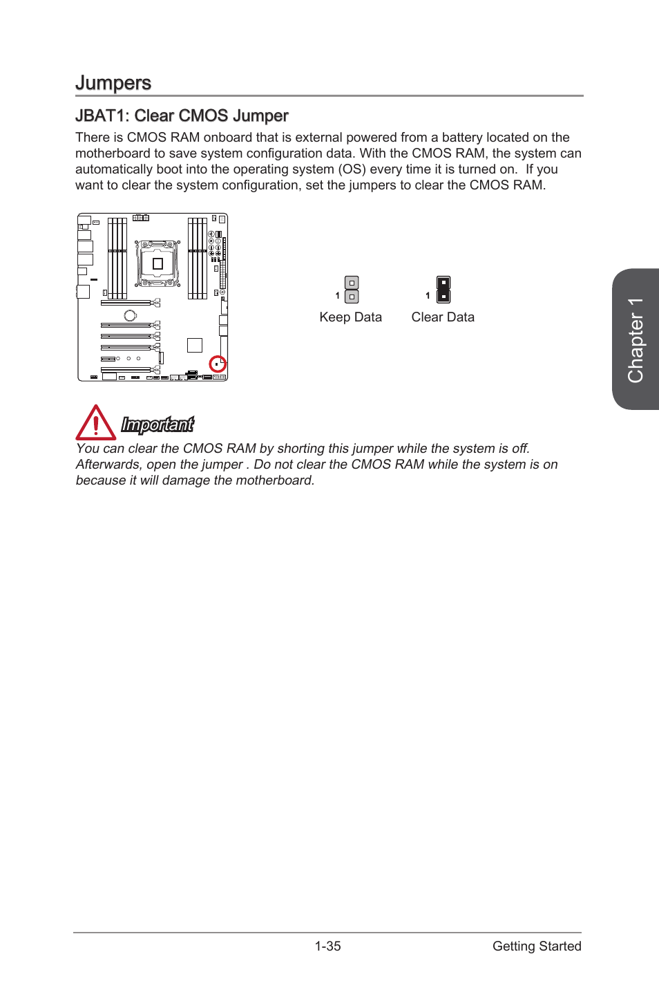 Jbat1: clear cmos jumper, Jumpers -35, Jbat1: clear cmos jumper -35 | Jbat1, Clear cmos jumper, Chapter 1, Jumpers, Important | MSI X99S XPOWER AC Manual User Manual | Page 49 / 116