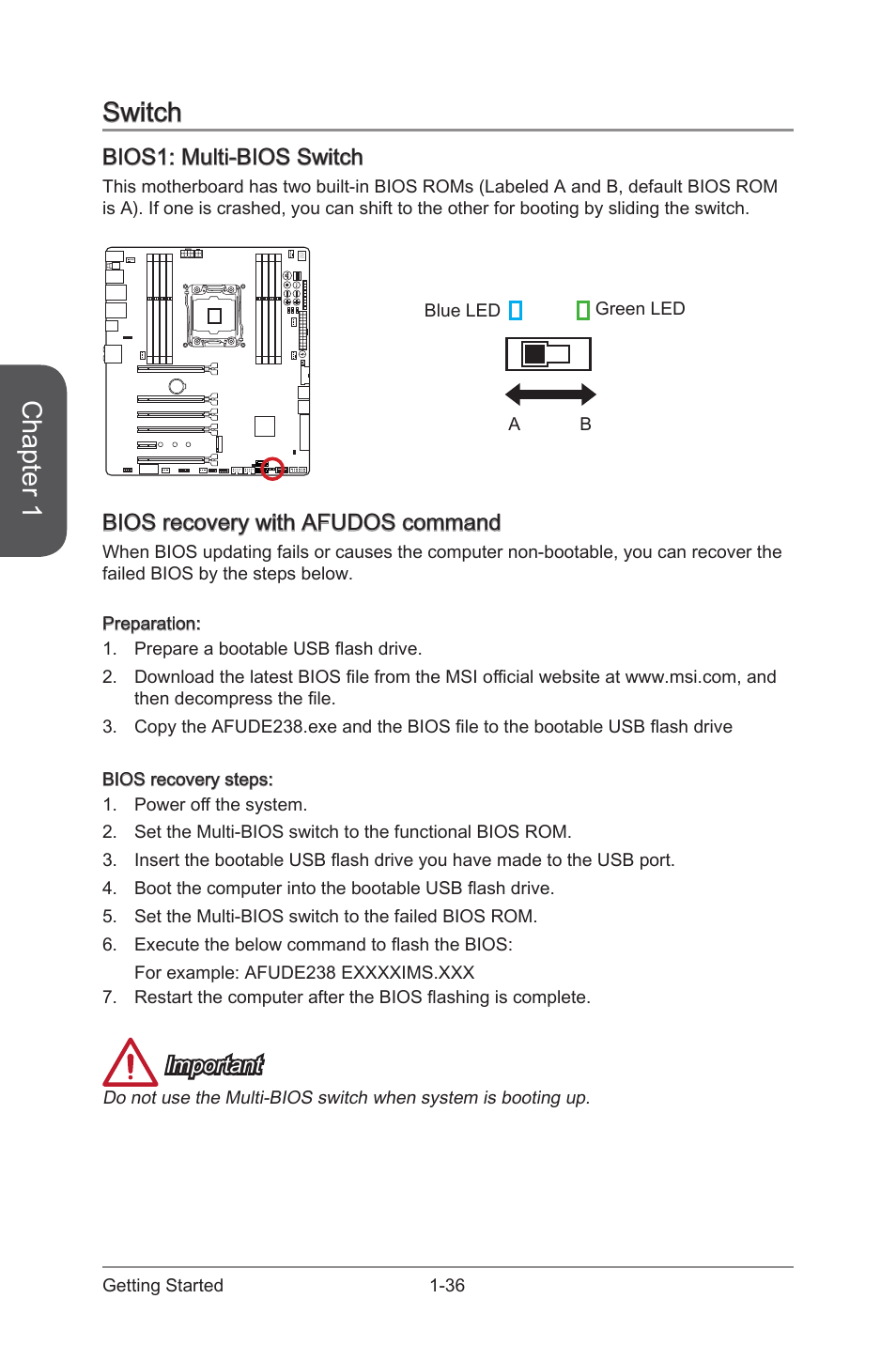 Switch -36, Bios1, Multi-bios switch | Chapter 1, Switch, Bios1: multi-bios switch, Bios recovery with afudos command, Important | MSI X99S XPOWER AC Manual User Manual | Page 50 / 116