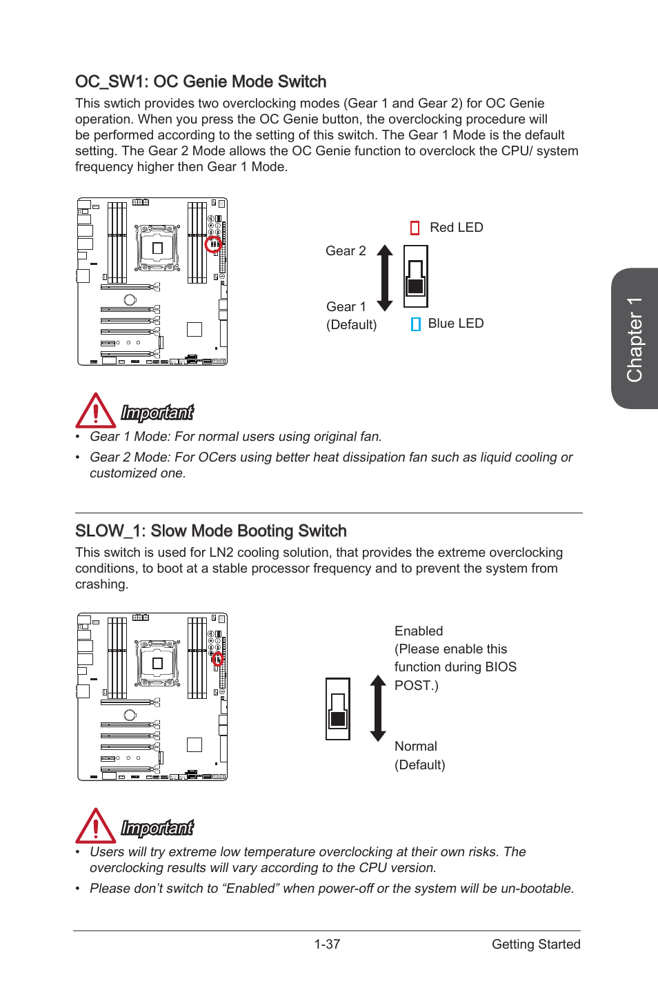 Oc_sw1: oc genie mode switch, Slow_1: slow mode booting switch, Oc_sw1 | Oc genie mode switch, Slow_1, Slow mode booting switch, Chapter 1, Important | MSI X99S XPOWER AC Manual User Manual | Page 51 / 116