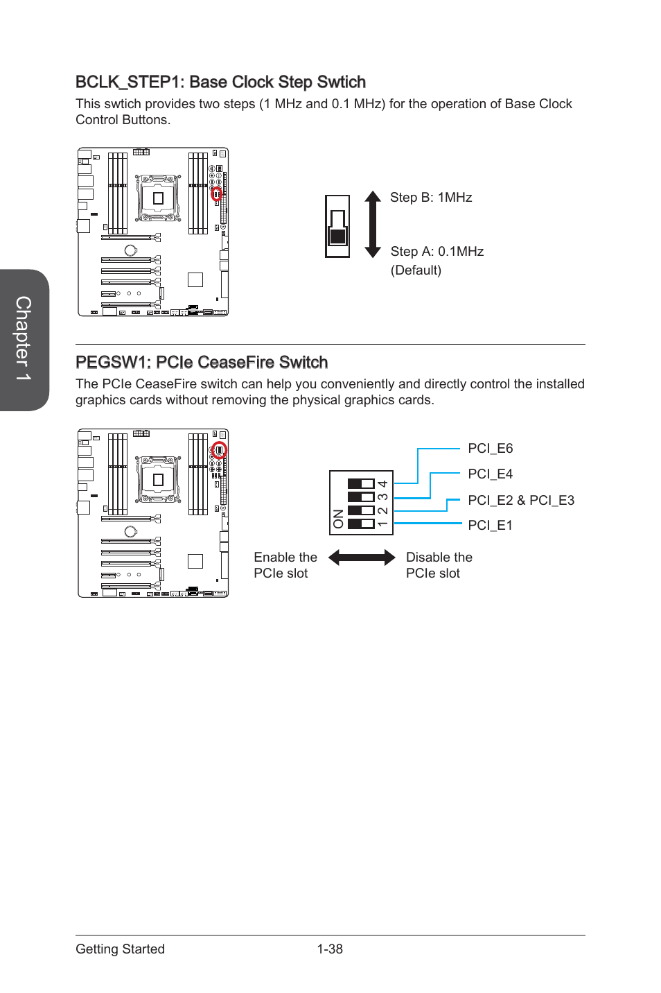 Bclk_step1: base clock step swtich, Pegsw1: pcie ceasefire switch, Bclk_step1 | Base clock step swtich, Pegsw1, Pcie ceasefire switch, Chapter 1 | MSI X99S XPOWER AC Manual User Manual | Page 52 / 116