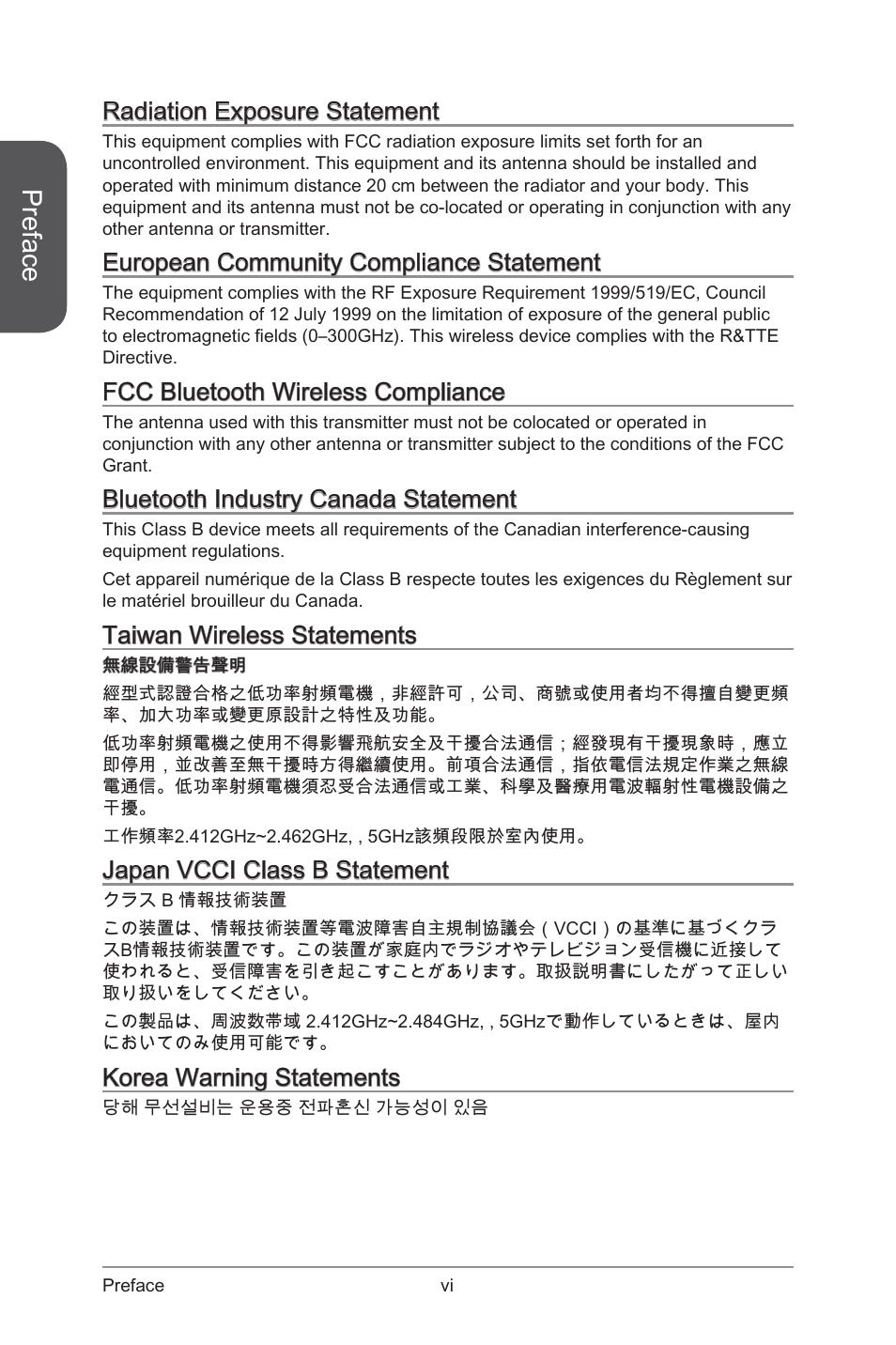 Preface, Radiation exposure statement, European community compliance statement | Fcc bluetooth wireless compliance, Bluetooth industry canada statement, Taiwan wireless statements, Japan vcci class b statement, Korea warning statements | MSI X99S XPOWER AC Manual User Manual | Page 6 / 116