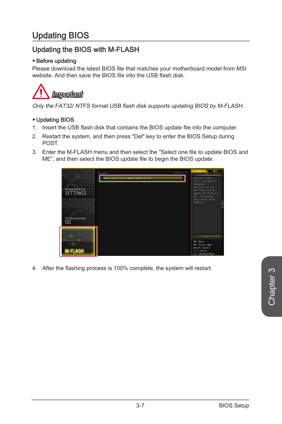 Updating bios -7, Updating the bios with m-flash -7, Chapter 3 | Updating bios, Updating the bios with m-flash, Important | MSI X99S XPOWER AC Manual User Manual | Page 77 / 116