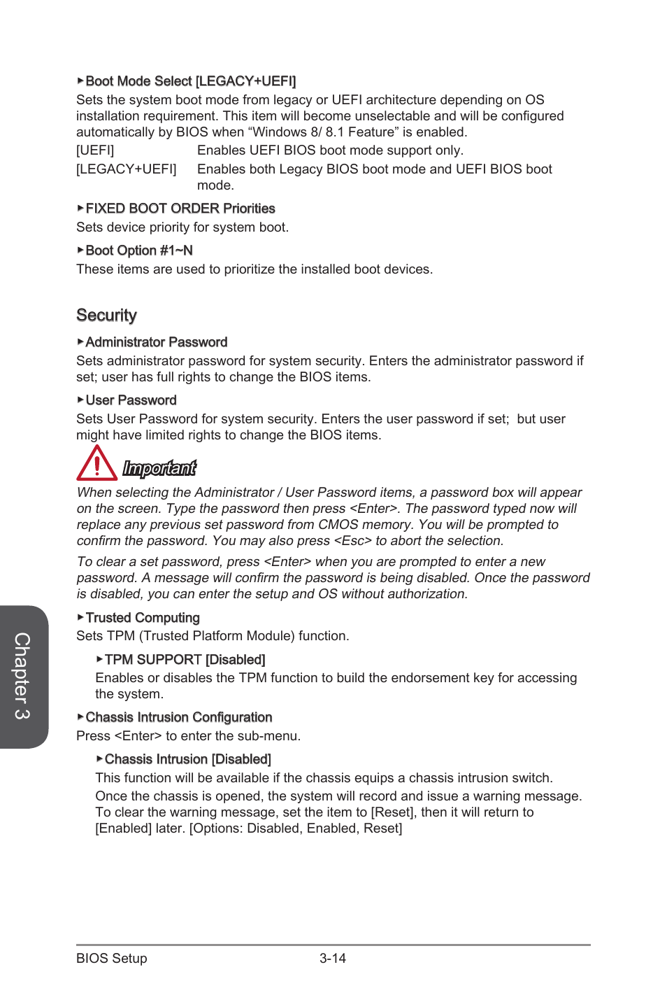 Security -14, Chapter 3, Security | Important | MSI X99S XPOWER AC Manual User Manual | Page 84 / 116