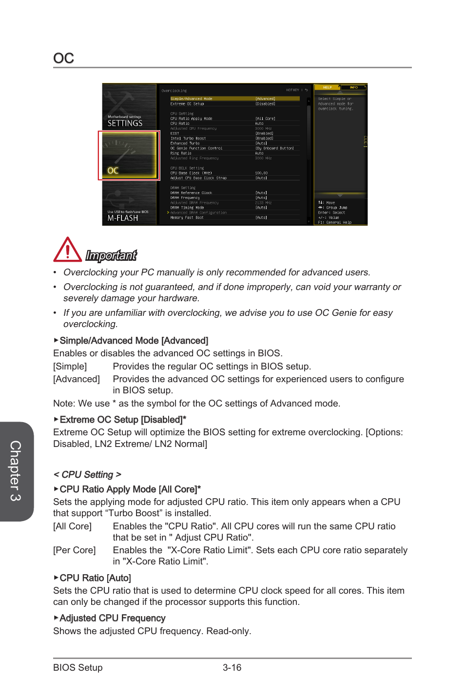 Oc -16, Chapter 3, Important | MSI X99S XPOWER AC Manual User Manual | Page 86 / 116