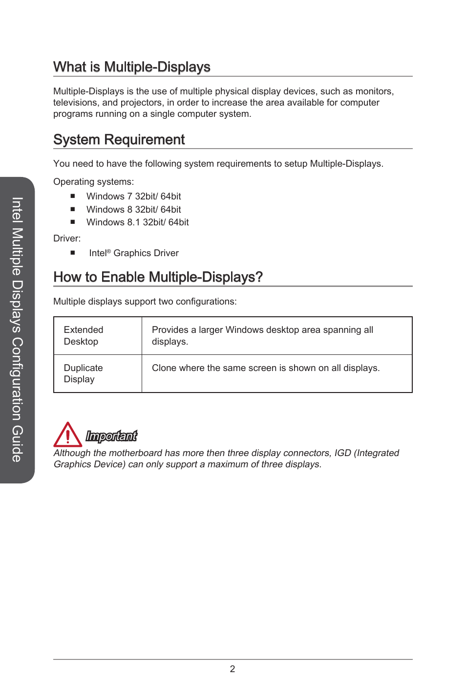 System requirement, How to enable multiple-displays, Important | MSI X99S MPOWER User Manual | Page 2 / 5