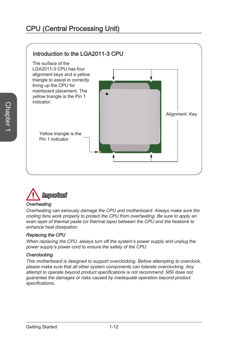Cpu (central processing unit) -12, Introduction to the lga2011-3 cpu -12, Chapter 1 | Cpu (central processing unit), Important | MSI X99S MPOWER Manual User Manual | Page 26 / 112