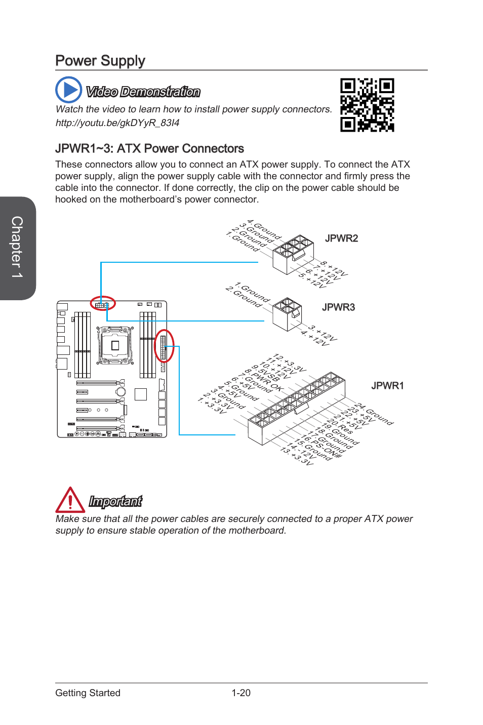 Jpwr1~3: atx power connectors, Power supply -20, Jpwr1~3: atx power connectors -20 | Jpwr1~3, Atx power connectors, Chapter 1, Power supply, Video demonstration, Important | MSI X99S MPOWER Manual User Manual | Page 34 / 112