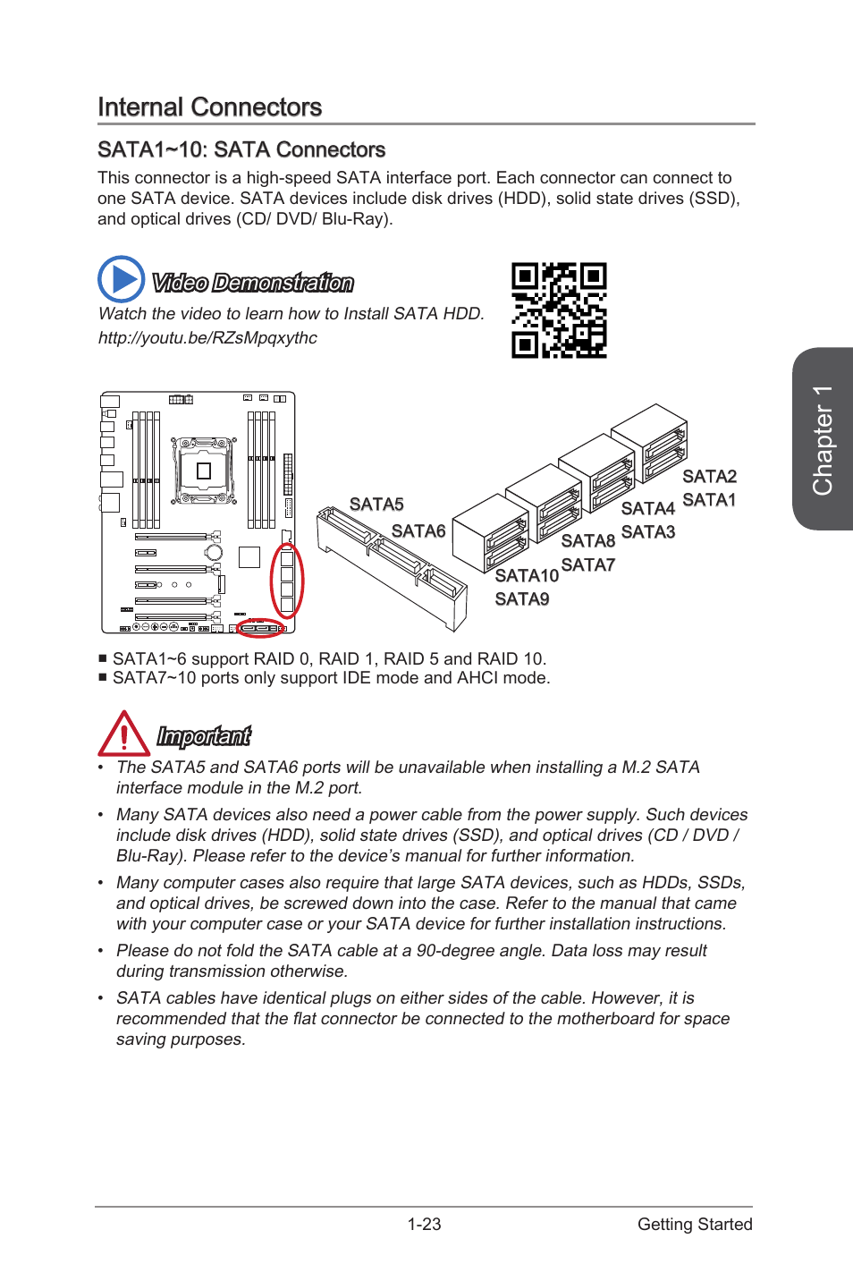 Sata1~10: sata connectors, Internal connectors -23, Sata1~10: sata connectors -23 | Sata1~10, Sata connectors, Chapter 1, Internal connectors, Video demonstration, Important | MSI X99S MPOWER Manual User Manual | Page 37 / 112