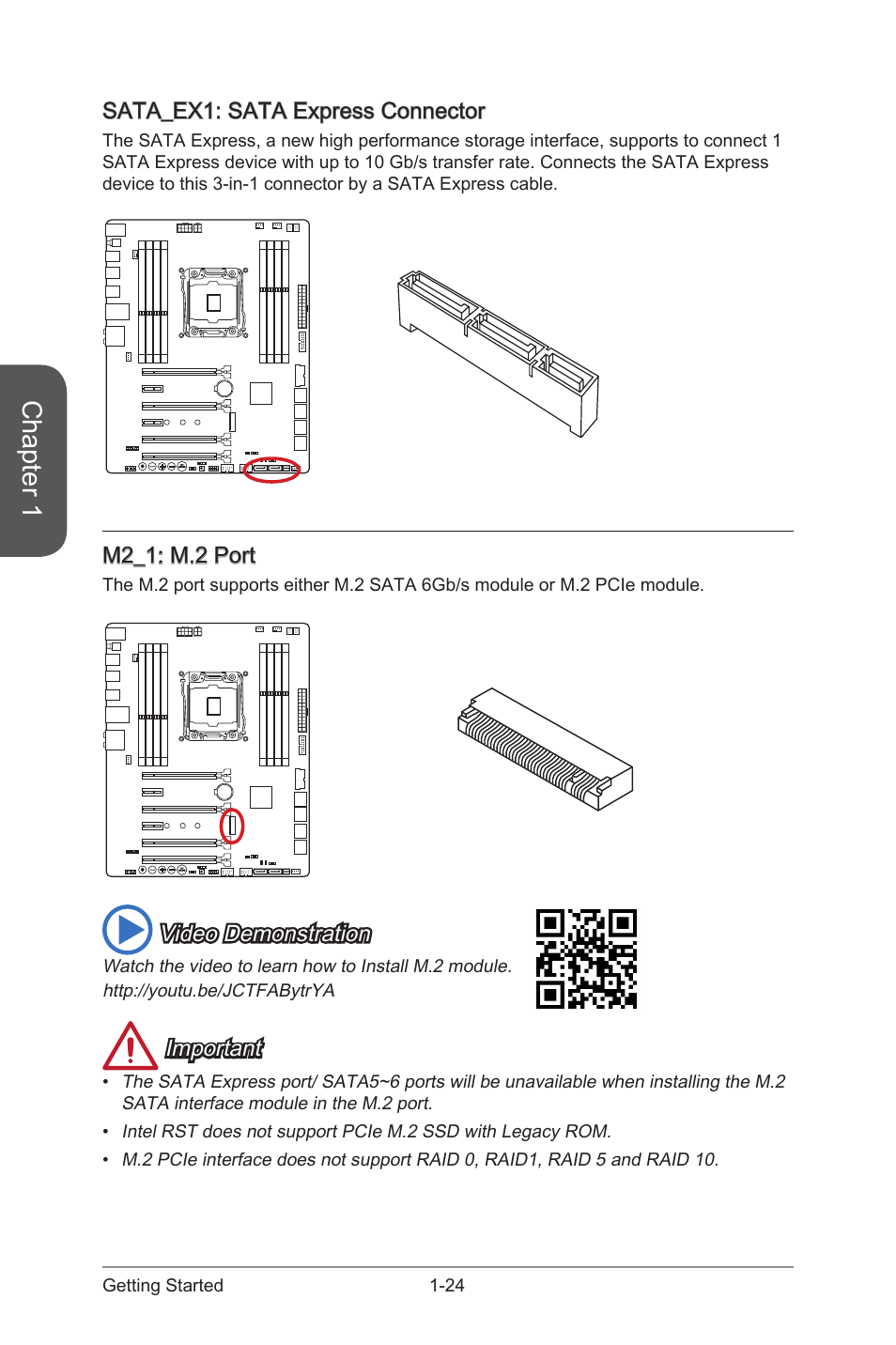 M2_1: m.2 port, Sata_ex1: sata express connector, M2_1 | M.2 port, Sata_ex1, Sata express connector, Chapter 1, Video demonstration, Important | MSI X99S MPOWER Manual User Manual | Page 38 / 112