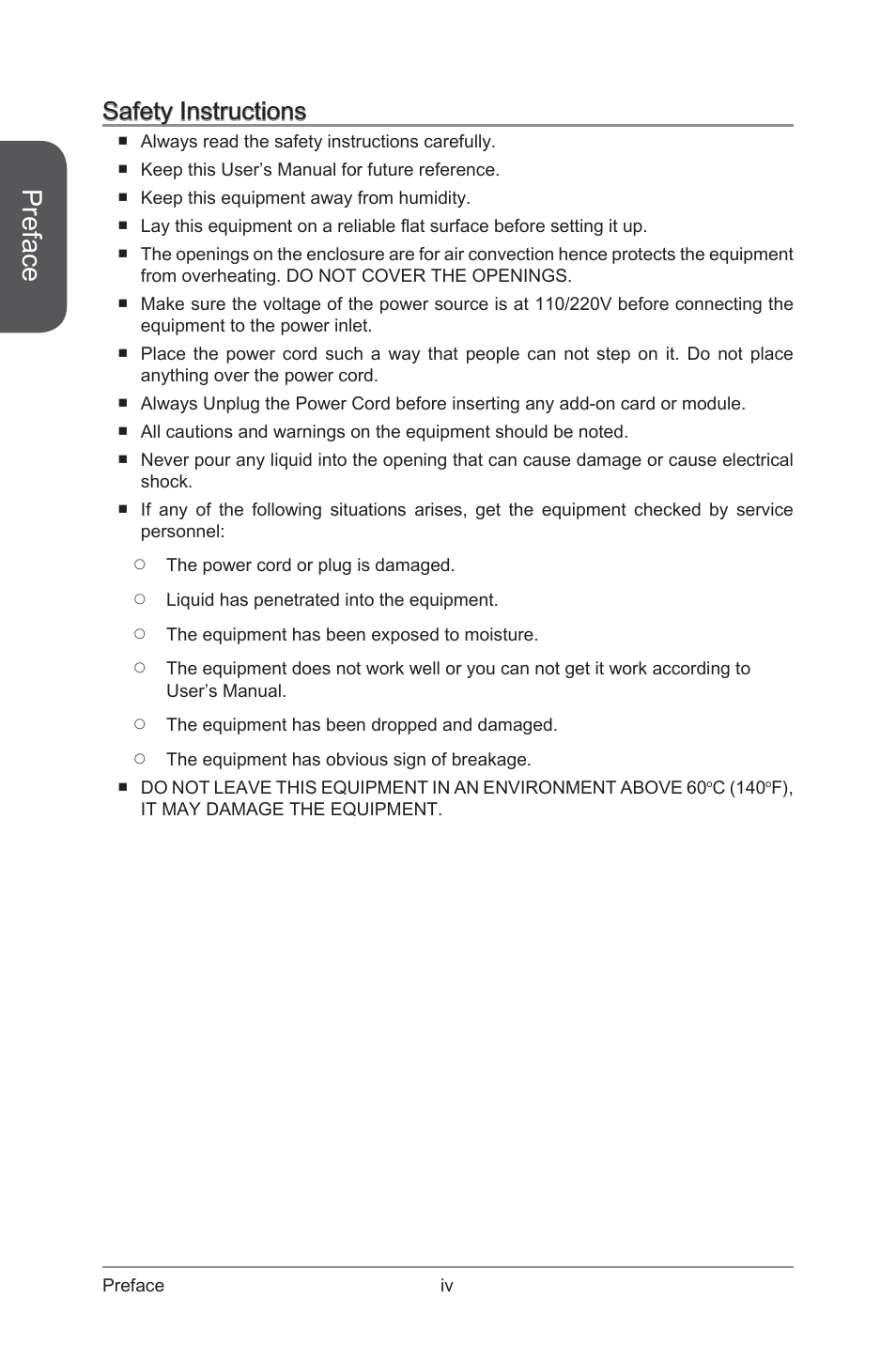 Preface, Safety instructions | MSI X99S MPOWER Manual User Manual | Page 4 / 112