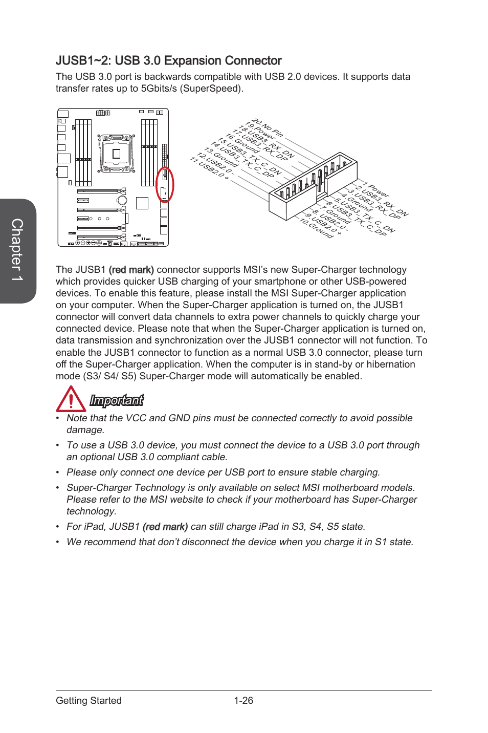 Jusb1~2: usb 3.0 expansion connector, Jusb1~2: usb 3.0 expansion connector -26, Jusb1~2 | Usb 3.0 expansion connector, Chapter 1, Important, 26 getting started | MSI X99S MPOWER Manual User Manual | Page 40 / 112