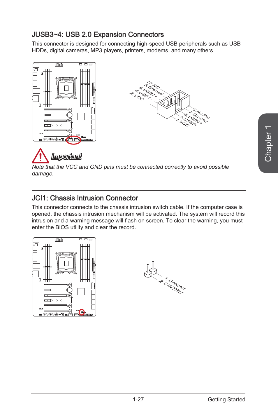 Jci1: chassis intrusion connector, Jusb3~4: usb 2.0 expansion connectors, Jci1 | Chassis intrusion connector, Jusb3~4, Usb 2.0 expansion connectors, Chapter 1, Important | MSI X99S MPOWER Manual User Manual | Page 41 / 112