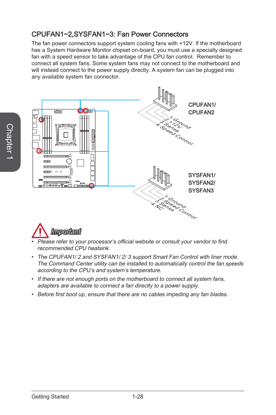 Cpufan1~2,sysfan1~3: fan power connectors, Cpufan1~2,sysfan1~3: fan power connectors -28, Cpufan1~2,sysfan1~3 fan power connectors | Chapter 1, Important | MSI X99S MPOWER Manual User Manual | Page 42 / 112