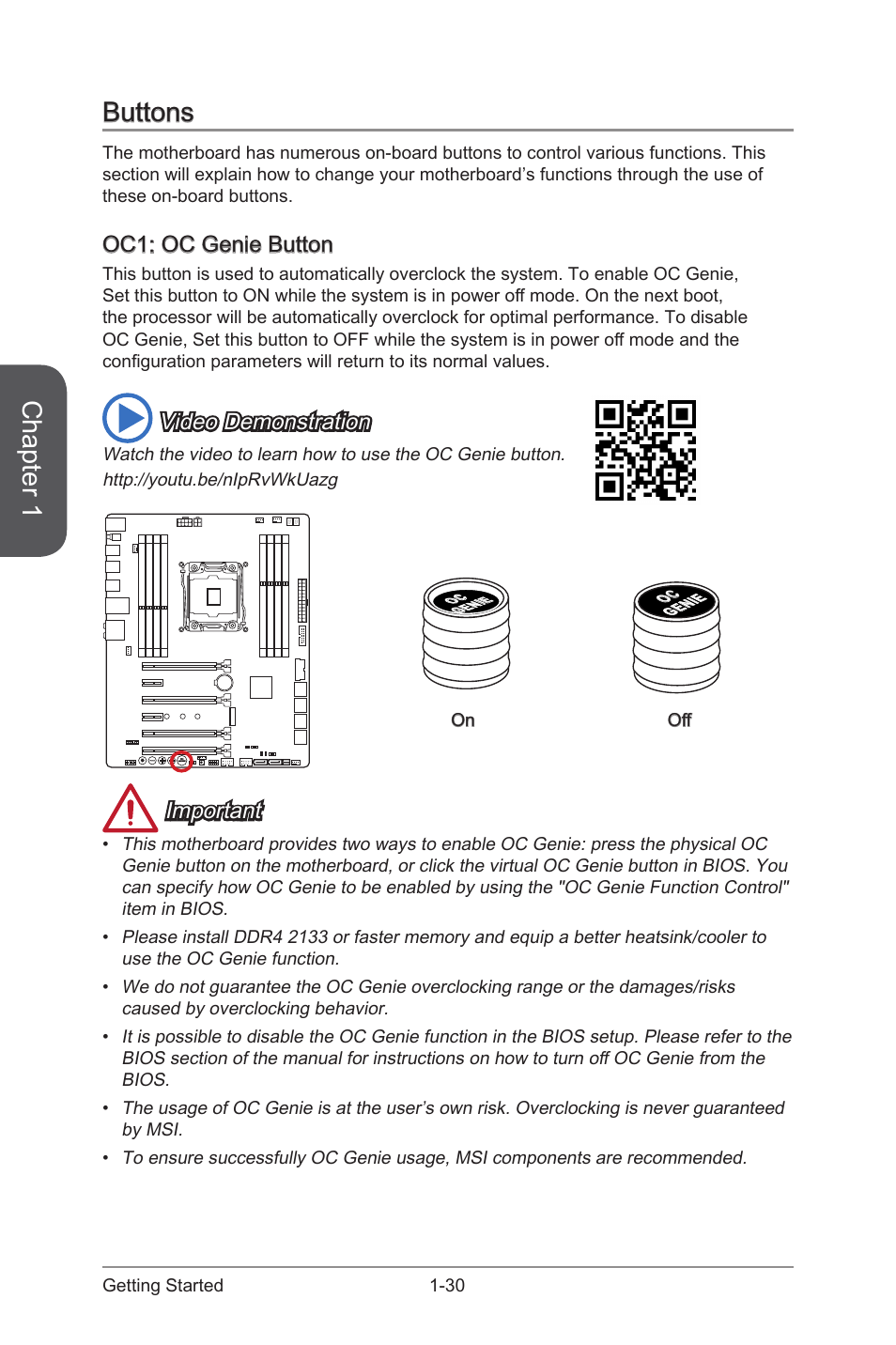 Oc1: oc genie button, Buttons -30, Oc1: oc genie button -30 | Oc genie button, Chapter 1, Buttons, Video demonstration, Important | MSI X99S MPOWER Manual User Manual | Page 44 / 112