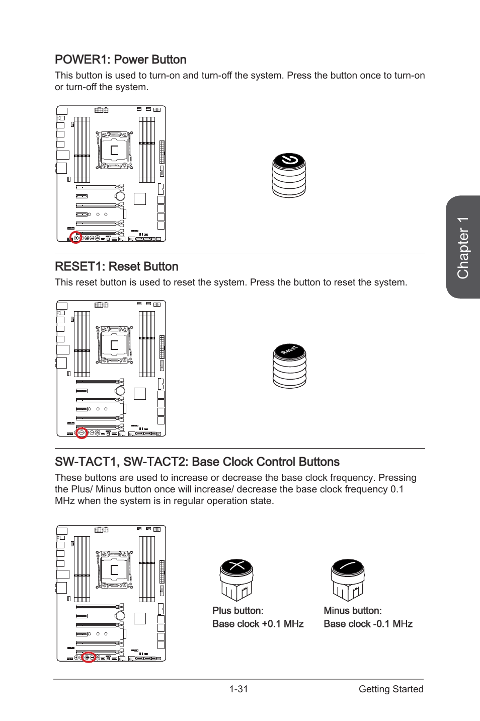 Power1: power button, Reset1: reset button, Sw-tact1, sw-tact2: base clock control buttons | Power1, Power button, Reset1, Reset button, Sw-tact1, sw-tact2, Base clock control buttons, Chapter 1 | MSI X99S MPOWER Manual User Manual | Page 45 / 112