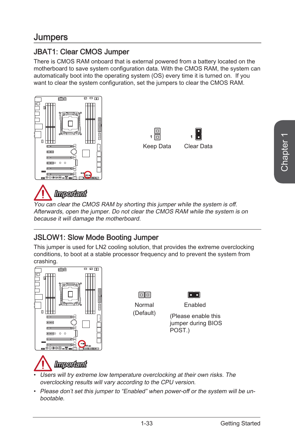 Jbat1: clear cmos jumper, Jumpers -33, Jbat1 | Clear cmos jumper, Jslow1, Slow mode booting jumper, Chapter 1, Jumpers, Important, Jslow1: slow mode booting jumper | MSI X99S MPOWER Manual User Manual | Page 47 / 112