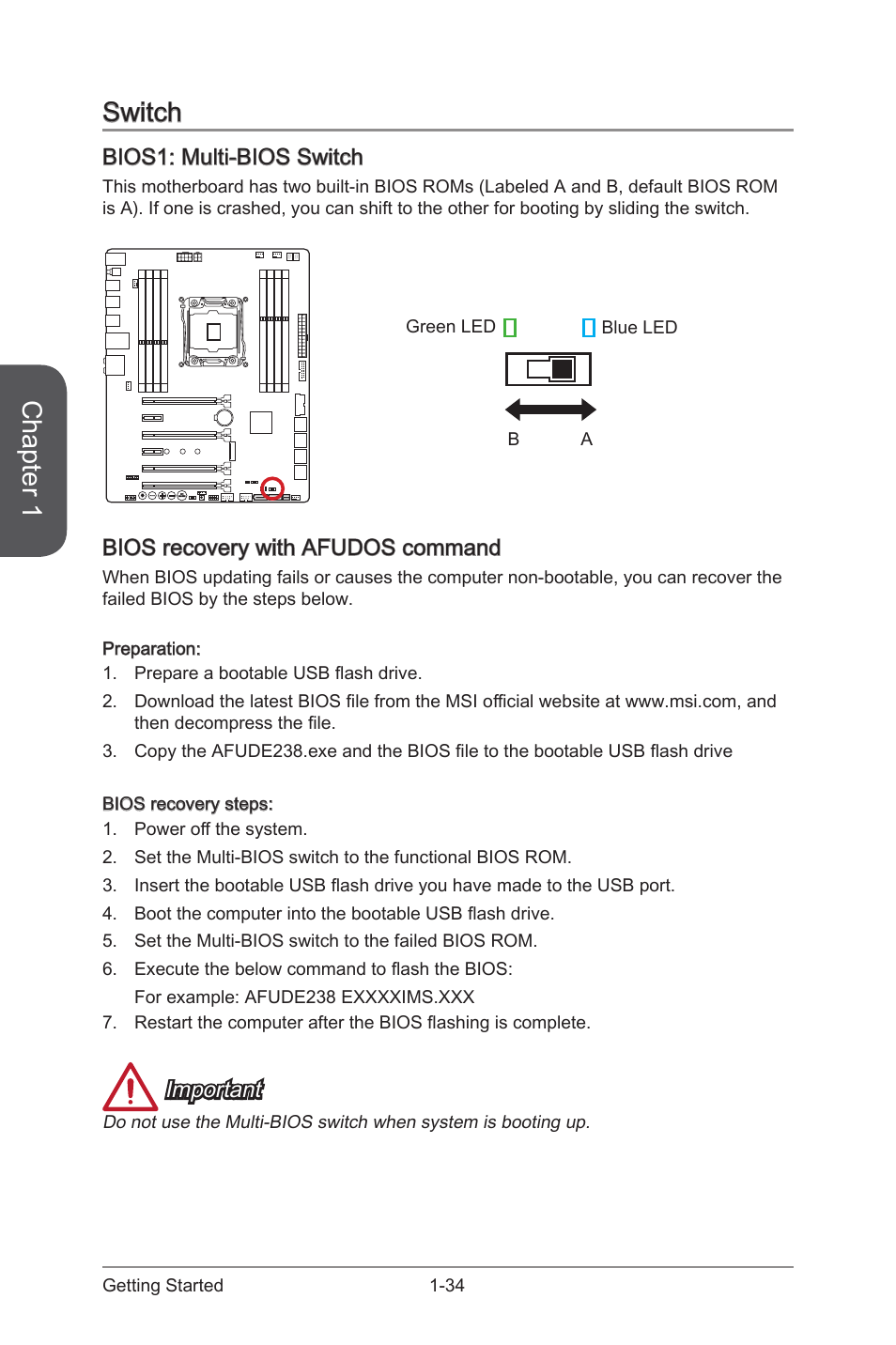 Bios1: multi-bios switch, Switch -34, Bios1 | Multi-bios switch, Chapter 1, Switch, Bios recovery with afudos command, Important | MSI X99S MPOWER Manual User Manual | Page 48 / 112