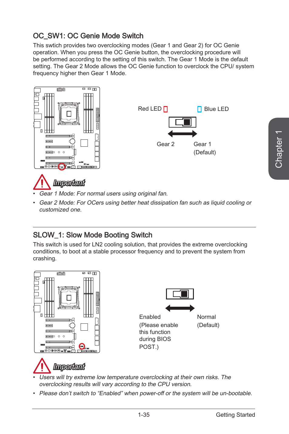 Oc_sw1: oc genie mode switch, Slow_1: slow mode booting switch, Oc_sw1 | Oc genie mode switch, Slow_1, Slow mode booting switch, Chapter 1, Important | MSI X99S MPOWER Manual User Manual | Page 49 / 112
