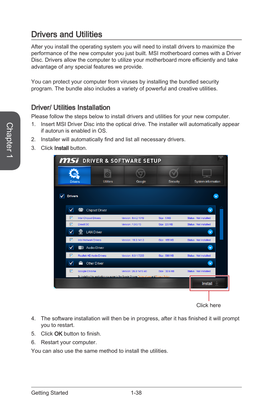 Drivers and utilities -38, Driver/ utilities installation -38, Chapter 1 | Drivers and utilities, Driver/ utilities installation | MSI X99S MPOWER Manual User Manual | Page 52 / 112