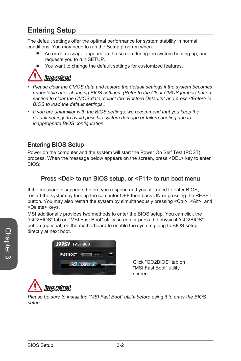 Entering setup -2, Entering bios setup -2, Chapter 3 | Entering setup, Important, Entering bios setup | MSI X99S MPOWER Manual User Manual | Page 68 / 112