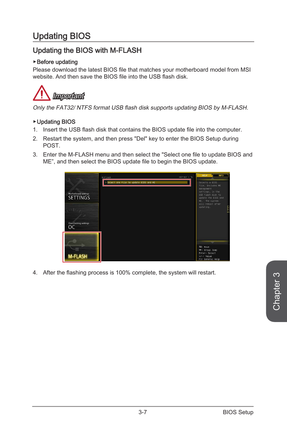 Updating bios -7, Updating the bios with m-flash -7, Chapter 3 | Updating bios, Updating the bios with m-flash, Important | MSI X99S MPOWER Manual User Manual | Page 73 / 112