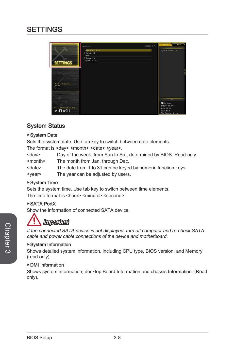Settings -8, System status -8, Chapter 3 | Settings, System status, Important | MSI X99S MPOWER Manual User Manual | Page 74 / 112