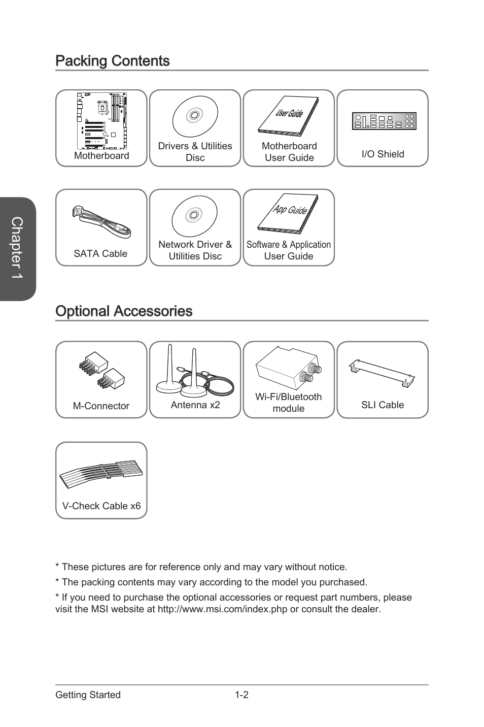 Packing contents -2 optional accessories -2, Chapter 1, Packing contents | Optional accessories | MSI Z97 XPOWER AC User Manual | Page 16 / 118