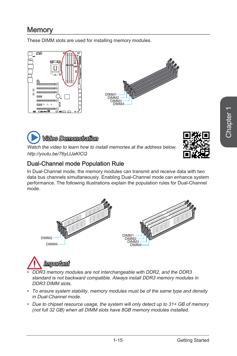 Memory -15, Dual-channel mode population rule -15, Chapter 1 | Video demonstration, Dual-channel mode population rule, Important | MSI Z97 XPOWER AC User Manual | Page 29 / 118